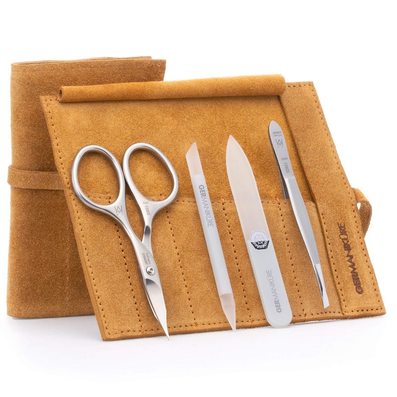 GERMANIKURE 4pc Mini Professional Manicure Set in Mustard Yellow Suede Case  FINOX Stainless Steel Tools Made in Solingen Germany Glass Nail Care Supplies Made in Czech Republic